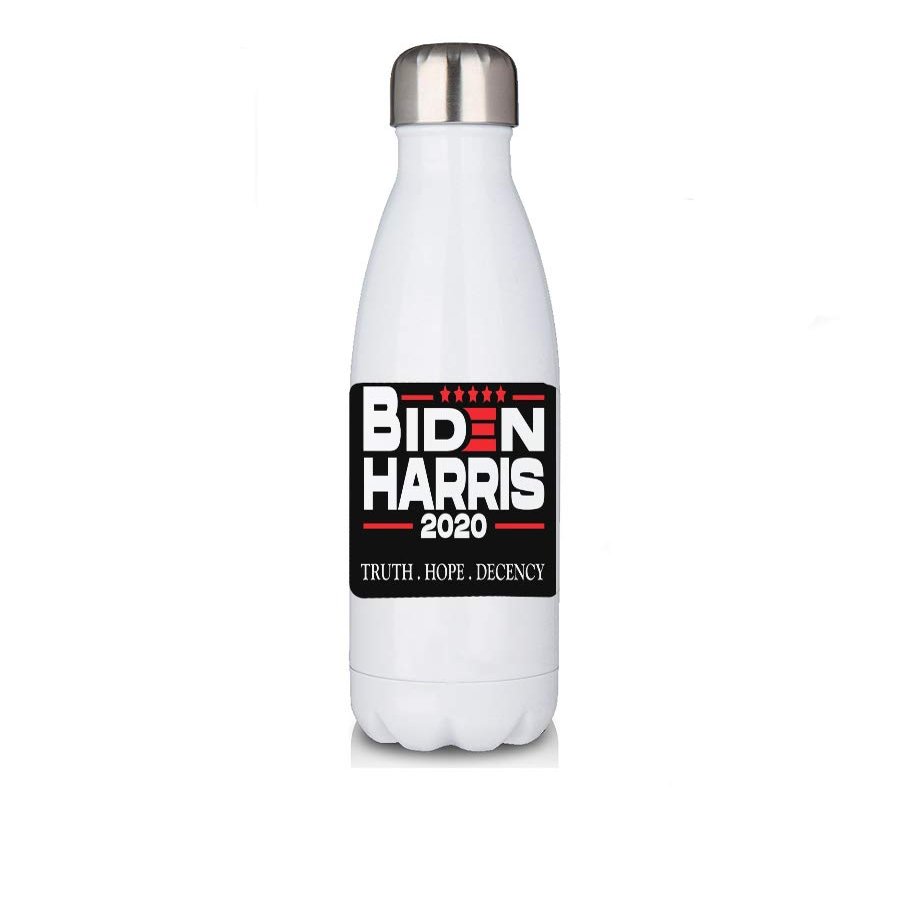 Premium White 17oz Double Walled Insulated Cola-Shaped Stainless Water Bottle/Biden Harris 2020 Truth Hope Decency