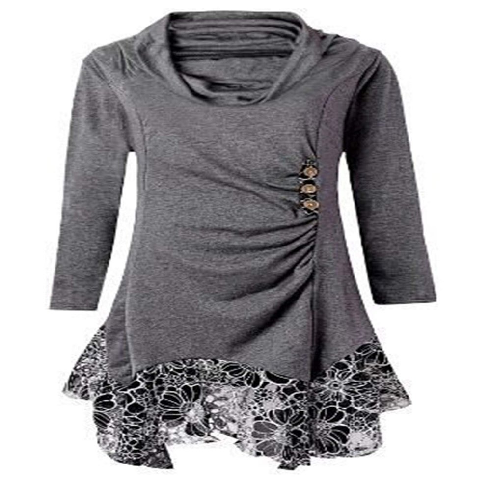 Andongnywell Women's Long Sleeve Scoop Neck Button Side Asymmetrical Dress Lace Flowy T Shirt Dresses (Dark Gray,Large)