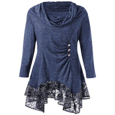 Andongnywell Women's Long Sleeve Scoop Neck Button Side Asymmetrical Dress Lace Flowy T Shirt Dresses (Navy Blue,XX-Large)