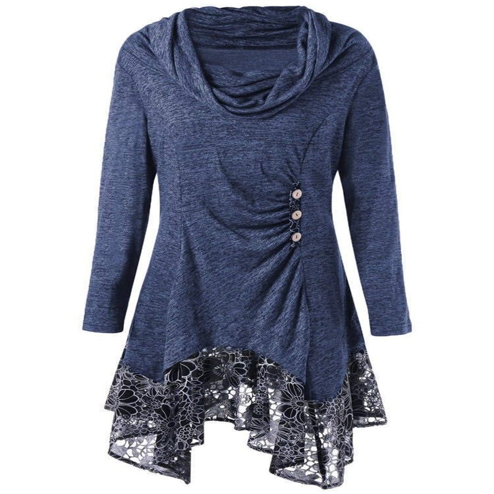 Andongnywell Women's Long Sleeve Scoop Neck Button Side Asymmetrical Dress Lace Flowy T Shirt Dresses (Navy Blue,XX-Large)