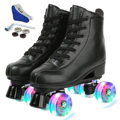 YYW High Top PU Leather Classic Double-Row Roller Skates for Women Men, Indoor Outdoor Skates for Beginner with a Shoes Bag (Black Flash Wheel, 42)