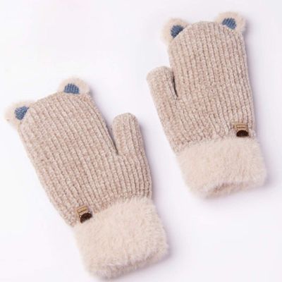 Children's Gloves Winter Winter Plus Velvet Thickening Girls and Boys Kindergarten Pupils Outdoor Warm Cartoon Cat 5-10 Years Old (Color : Khaki)
