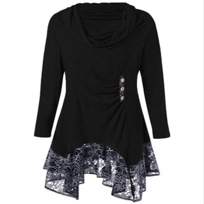 Andongnywell Women's Long Sleeve Scoop Neck Button Side Asymmetrical Dress Lace Flowy T Shirt Dresses (Black,Medium)