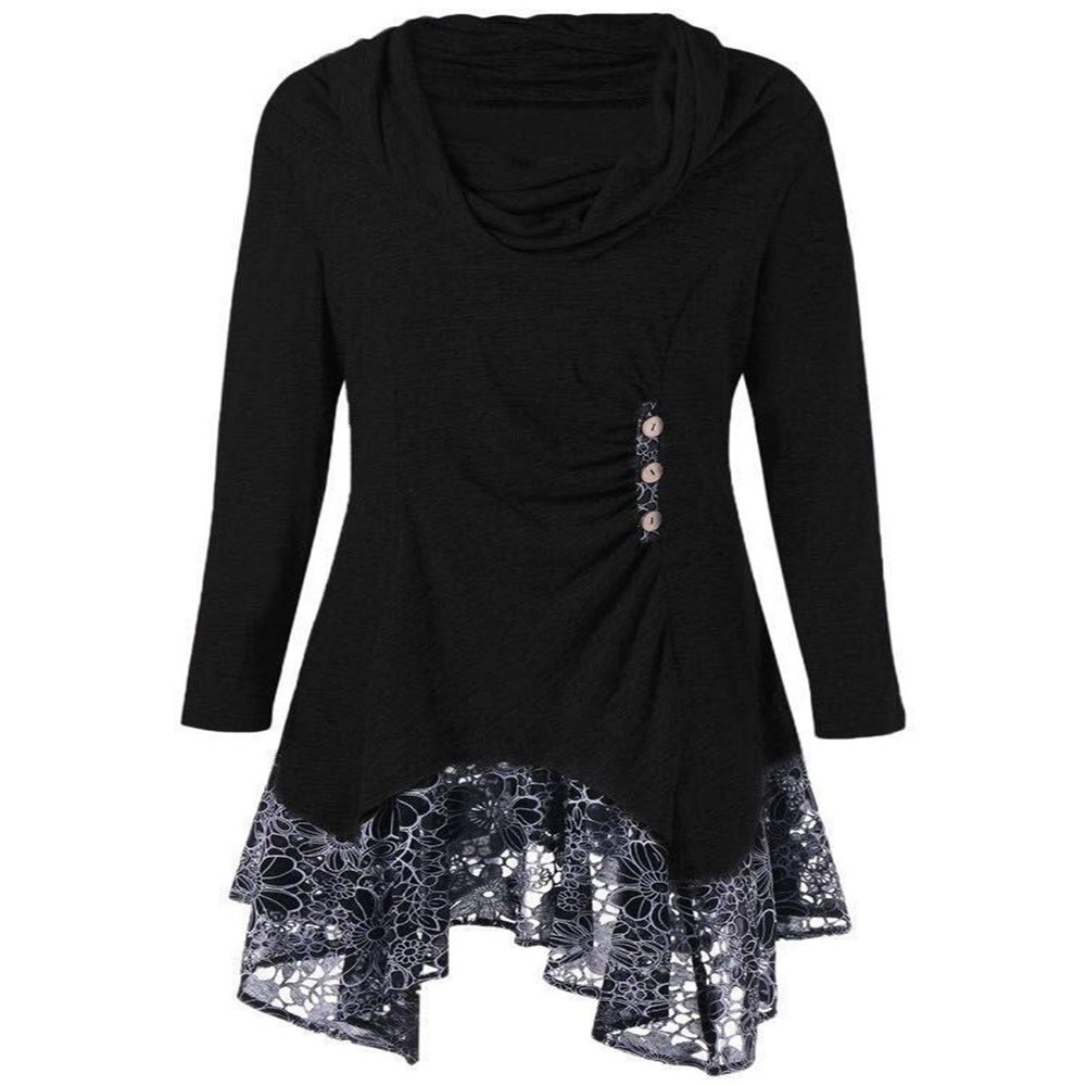 Andongnywell Women's Long Sleeve Scoop Neck Button Side Asymmetrical Dress Lace Flowy T Shirt Dresses (Black,Medium)