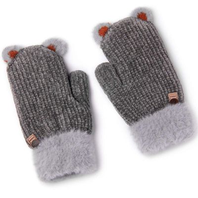 Children's Gloves Winter Winter Plus Velvet Thickening Girls and Boys Kindergarten Pupils Outdoor Warm Cartoon Cat 5-10 Years Old (Color : Dark Gray)