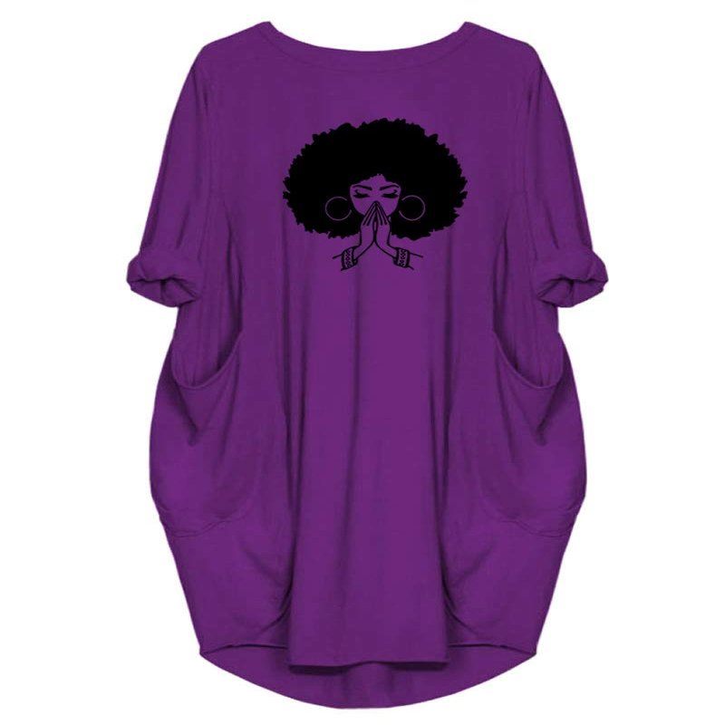 WbJetr Women Afro Cute Graphic Print Long Sleeve Casual Tunic Dress with Big Pocket Purple