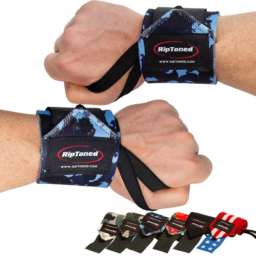 Rip Toned Wrist Wraps for Weightlifting USPA & USAPL Approved 18" Wrist Straps for Powerlifting Adjustable, Durable Gym Wraps with Thumb Loop Maximum Support for Men & Women Blue Camo Stiff
