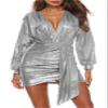 Andongnywell Women's Sexy Deep V Neck Long Sleeve Metal Dress Shiny Metallic Glitter Irregular Dresses (Silver,Large) view 1