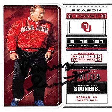 Autograph Warehouse 582949 Oklahoma Sooners Coach Barry Switzer Autographed Football Card - 2018 Panini Contenders Draft Season Ticket No.9