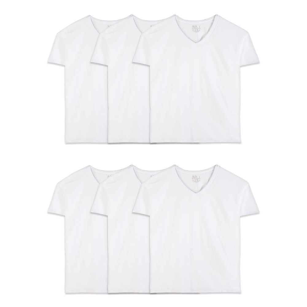 Fruit of the Loom Mens Eversoft Cotton Stay Tucked V-Neck T-Shirt Base Layer Top, Regular - White - 6 Pack, XX-Large US