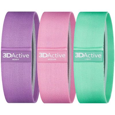 3DActive Fabric Resistance Bands for Legs & Butt. Wide Non-Slip Hip Band Set for Home & Gym Workouts. Exercise Guide & Carry Bag Included - Purple, Pink, Green.