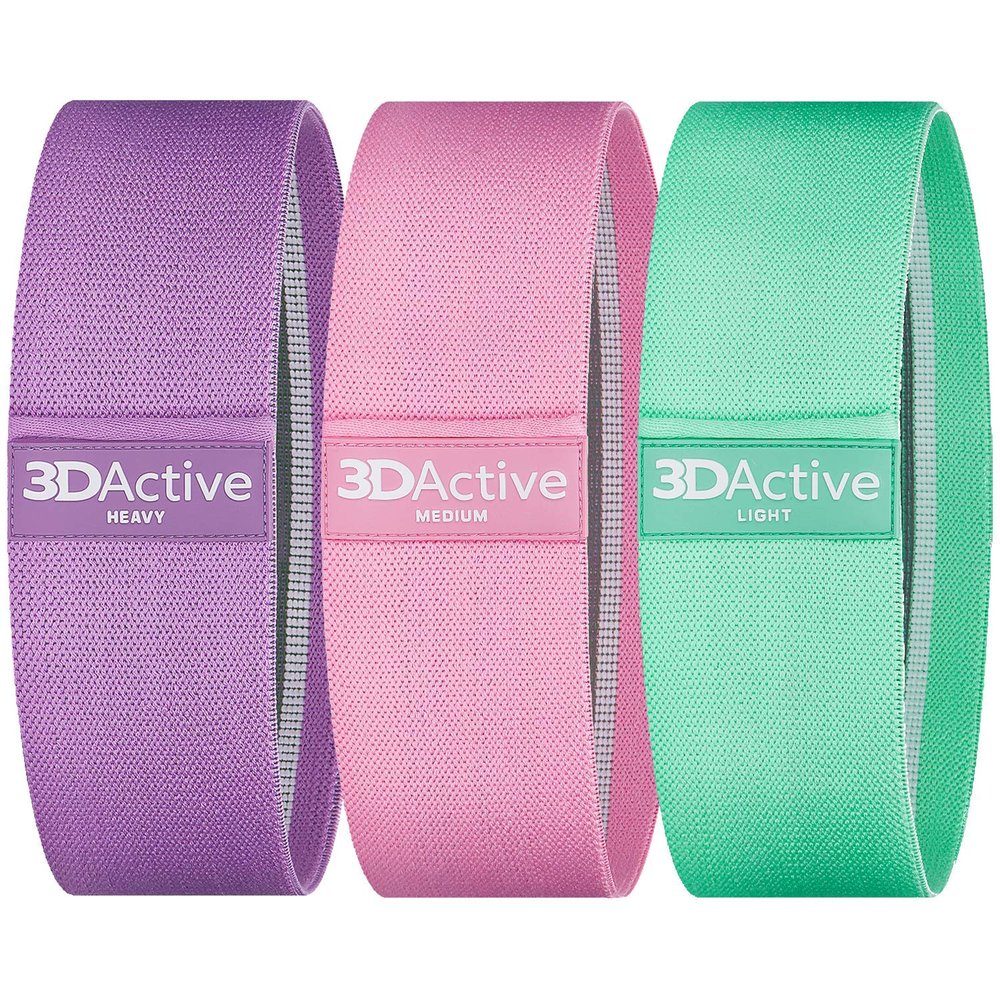 3DActive Fabric Resistance Bands for Legs & Butt. Wide Non-Slip Hip Band Set for Home & Gym Workouts. Exercise Guide & Carry Bag Included - Purple, Pink, Green.