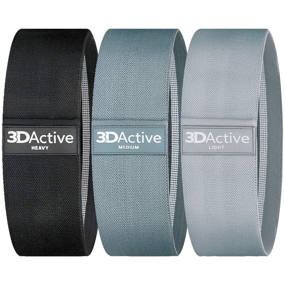 3DActive Fabric Resistance Bands for Legs & Butt. Wide Non-Slip Hip Band Set for Home & Gym Workouts. Exercise Guide & Carry Bag Included - Black, Dark Grey, Light Grey.