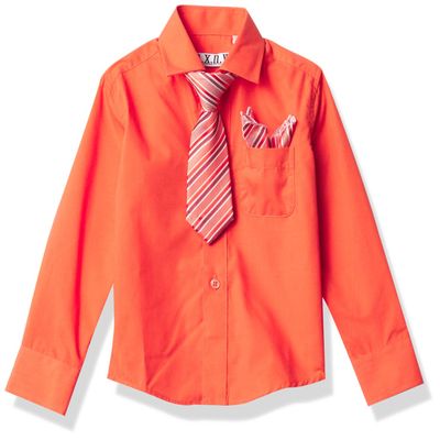 a.x.n.y Boys' Long Sleeve Button Down Shirt with Tie and Pocket Square Combo Set, Coral, 4