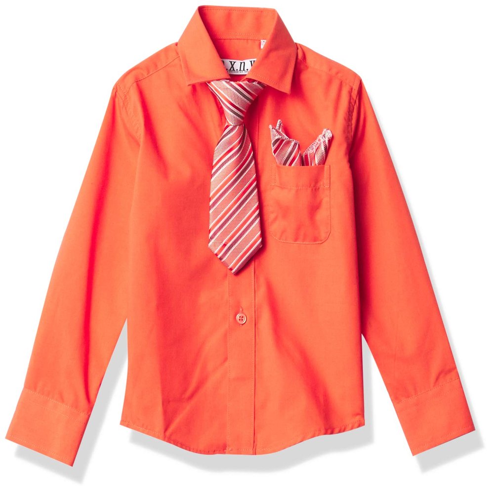 a.x.n.y Boys' Long Sleeve Button Down Shirt with Tie and Pocket Square Combo Set, Coral, 4