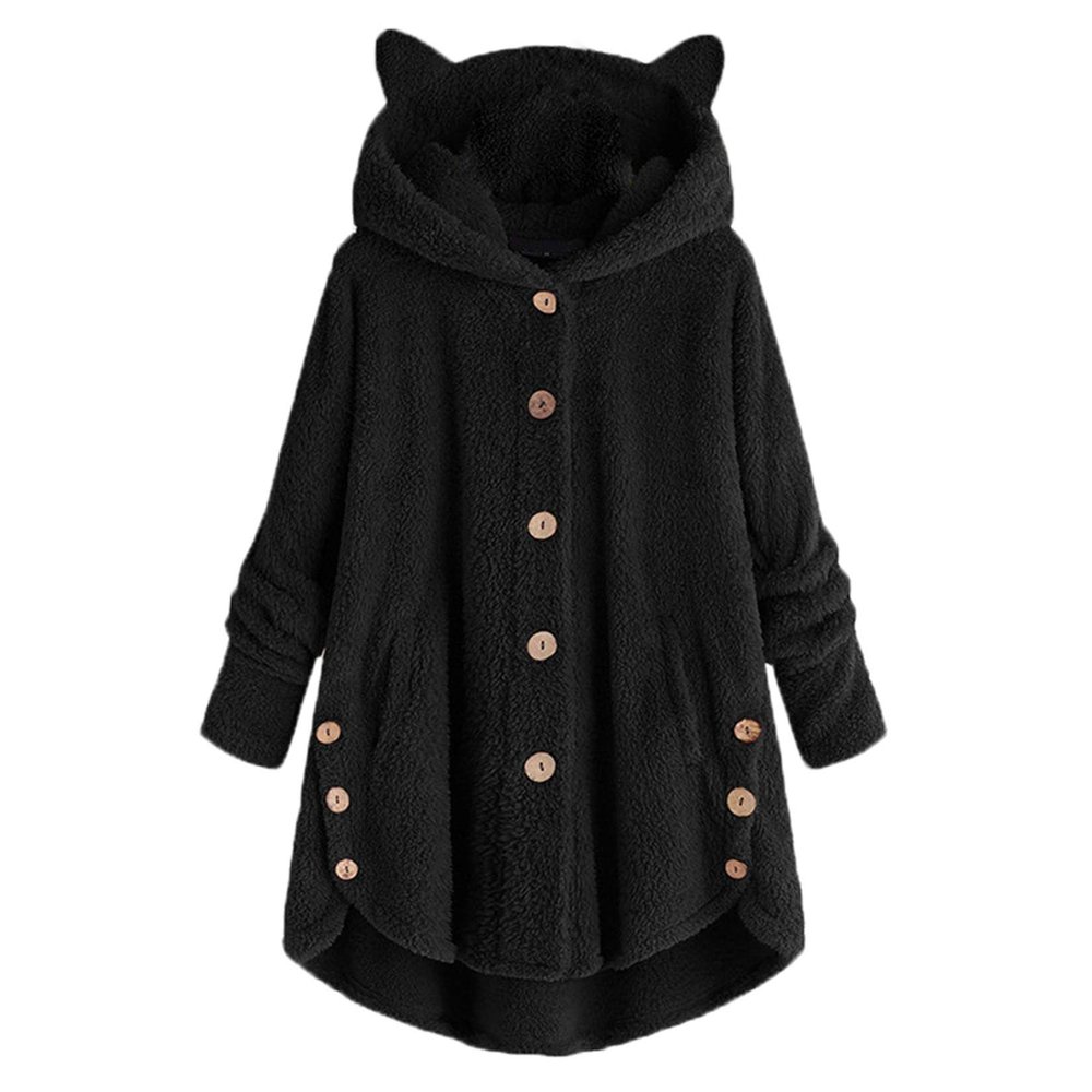 Andongnywell Women's New Hooded Sherpa Outwear Casual Winter Warm Soft Teddy Coat Buttons Hooded Jacket (Black,Medium)