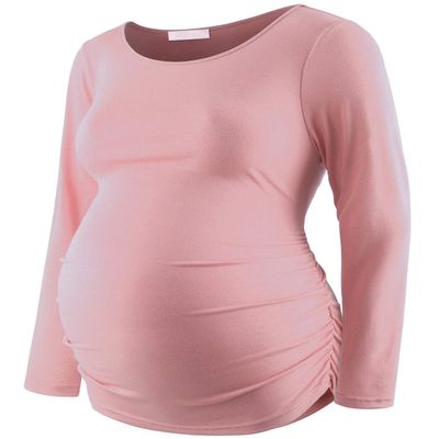 Bhome Maternity Shirt Long Sleeve Basic Top Ruch Sides Bodycon Tshirt for Pregnant Women Dust Pink S