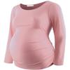 Bhome Maternity Shirt Long Sleeve Basic Top Ruch Sides Bodycon Tshirt for Pregnant Women Dust Pink S view 1