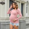 Bhome Maternity Shirt Long Sleeve Basic Top Ruch Sides Bodycon Tshirt for Pregnant Women Dust Pink S view 2
