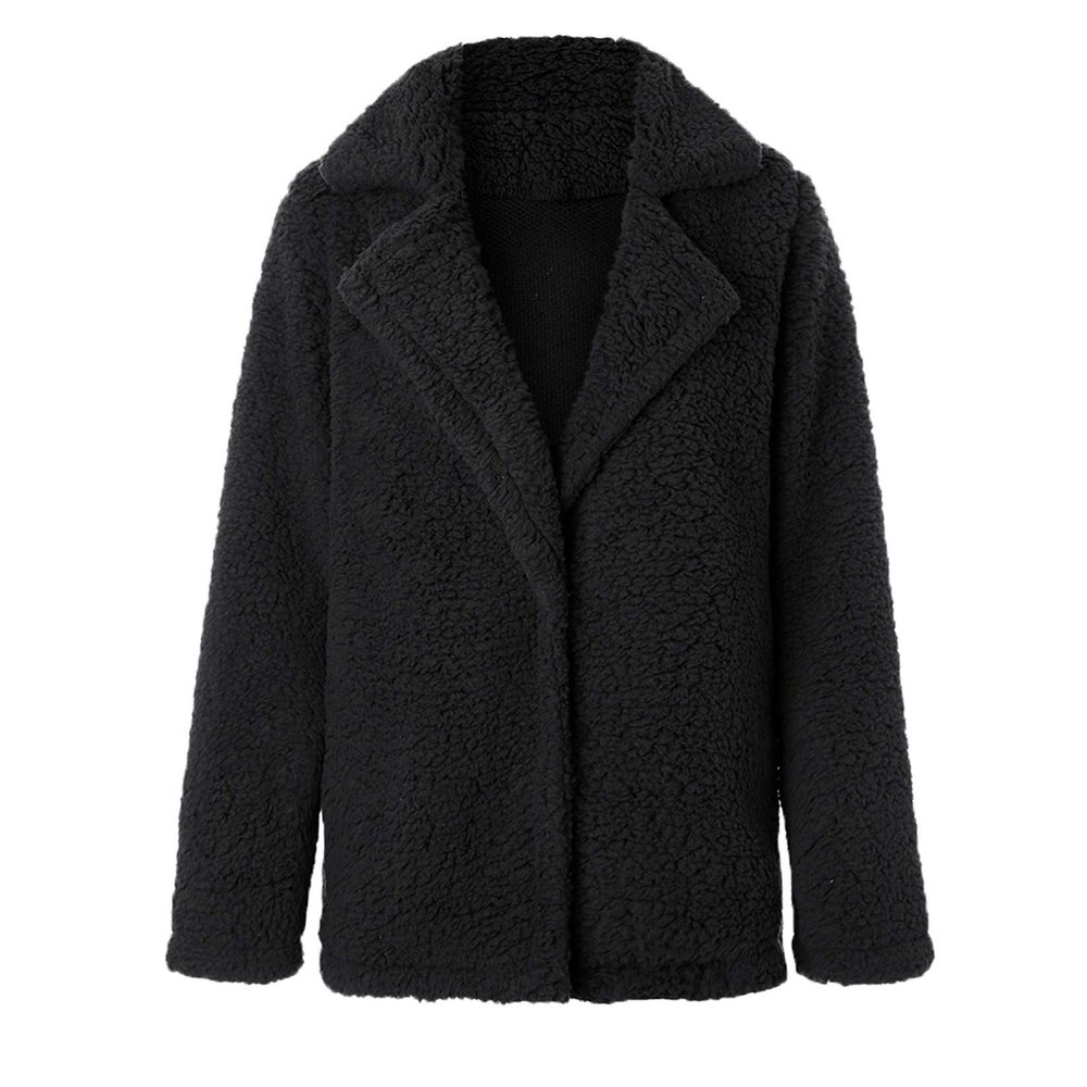 Andongnywell Ms. Fuzzy Wool Coat Button Cardigan Winter Warm Coat Can Stand Collar Long Sleeve Overcoat (Black,Large)