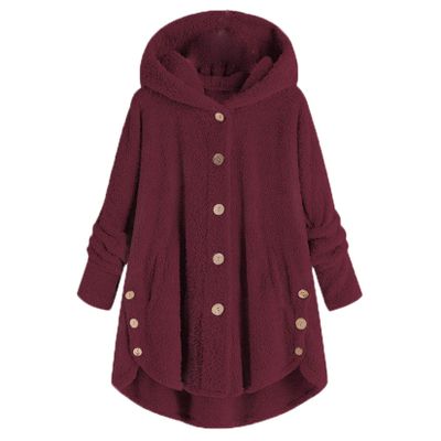 Andongnywell Women Oversized Sherpa Hoodie Fuzzy Fleece Jacket Single Row Buttons Outerwear Coat with Pockets (Wine Red,3X-Large)