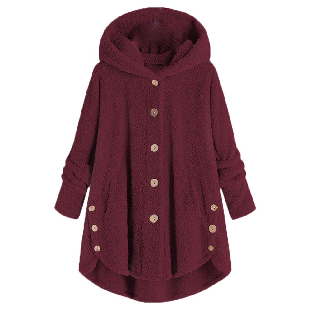 Andongnywell Women Oversized Sherpa Hoodie Fuzzy Fleece Jacket Single Row Buttons Outerwear Coat with Pockets (Wine Red,3X-Large)