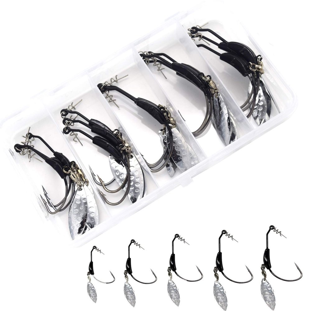 15pcs/Set Weighted Twistlock Hooks with Centering Pin,Silver/Gold Spin Saltwater Worm Hooks Size 0.07-0.25oz (Black Weight+Silver Spin)