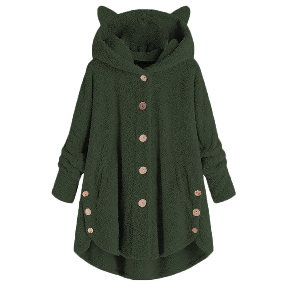 Andongnywell women's long-sleeved hooded faux fur one-piece fluffy oversized coat Round neck collar pocket warm (Army Green,XX-Large)