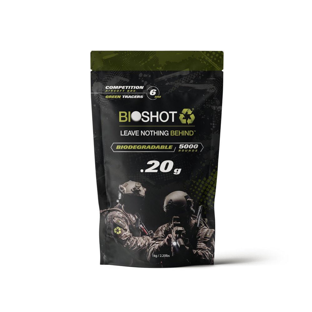 Bioshot Biodegradable Green Tracer Glow in The Dark Airsoft BBS .20g Super Slick Polish - Seamless Competition Match Grade for All 6mm Airsoft Guns and Accessories (5000 Rounds)
