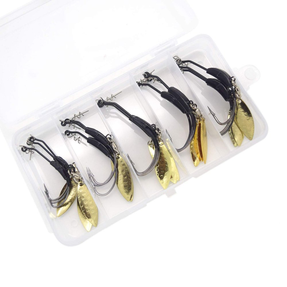 15pcs/Set Weighted Twistlock Hooks with Centering Pin,Silver/Gold Spin Saltwater Worm Hooks Size 0.07-0.25oz (Black Weight+Gold Spin)