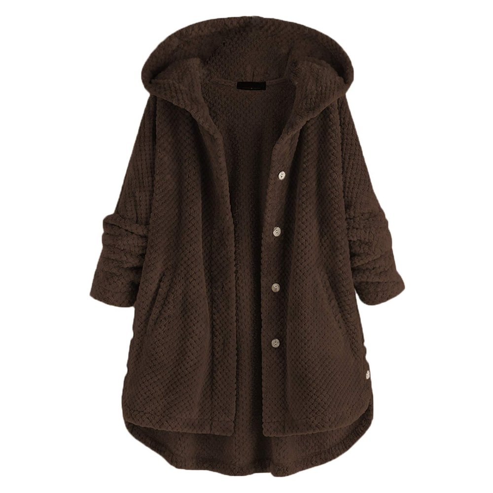 Andongnywell Cardigan for Women Fuzzy Fleece Long Sleeve Hooded Jacket Coat Winter Outwear with Pockets (Coffee,Small)