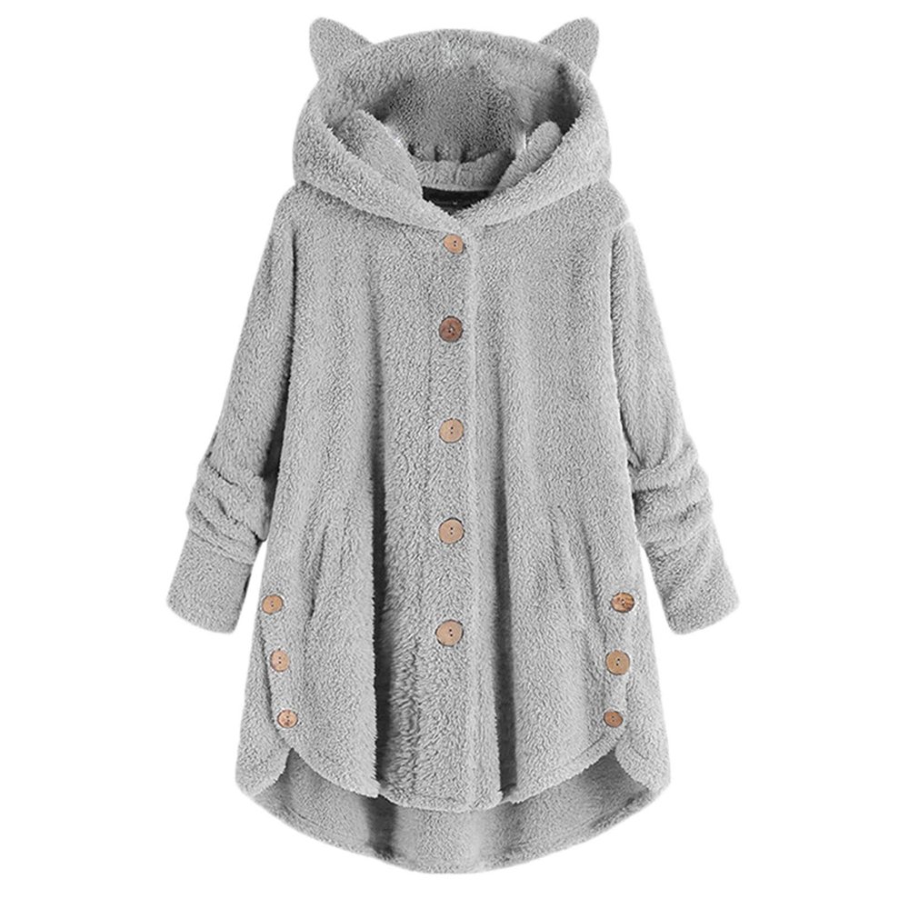 Andongnywell women's long-sleeved hooded faux fur one-piece fluffy oversized coat Round neck collar pocket warm (Gray,Small)