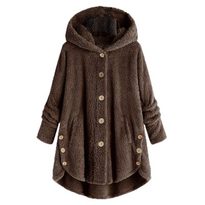 Andongnywell Women Oversized Sherpa Hoodie Fuzzy Fleece Jacket Single Row Buttons Outerwear Coat with Pockets (Coffee,3X-Large)