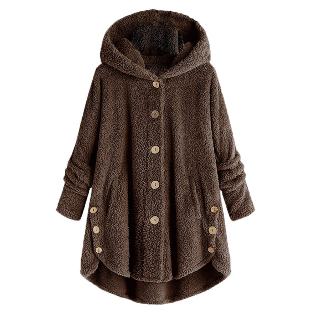 Andongnywell Women Oversized Sherpa Hoodie Fuzzy Fleece Jacket Single Row Buttons Outerwear Coat with Pockets (Coffee,3X-Large)