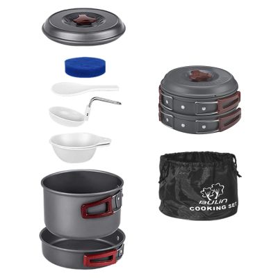 Bulin Camping Cookware Mess Kit, Backpack Portable Campfire Cooking Pots Pans Kettle Set, Lightweight Durable Cook Gear for Open Fire Hiking, Outdoor (BPA Free Bowls, Plates), 7 PCS