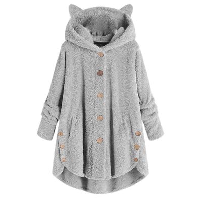 Andongnywell women's long-sleeved hooded faux fur one-piece fluffy oversized coat Round neck collar pocket warm (Gray,5X-Large)