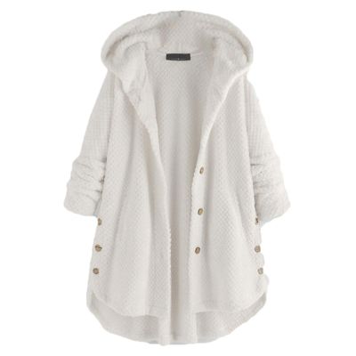 Andongnywell Womens Fuzzy Fleece Jacket Solid Open Front Hooded Buttons Coats Long Sleeve Outwear with Pockets (White,Small)