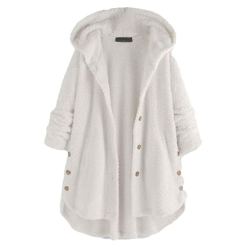 Andongnywell Womens Fuzzy Fleece Jacket Solid Open Front Hooded Buttons Coats Long Sleeve Outwear with Pockets (White,Small)