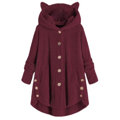 Andongnywell Women's New Hooded Sherpa Outwear Casual Winter Warm Soft Teddy Coat Buttons Hooded Jacket (Wine Red,5X-Large)