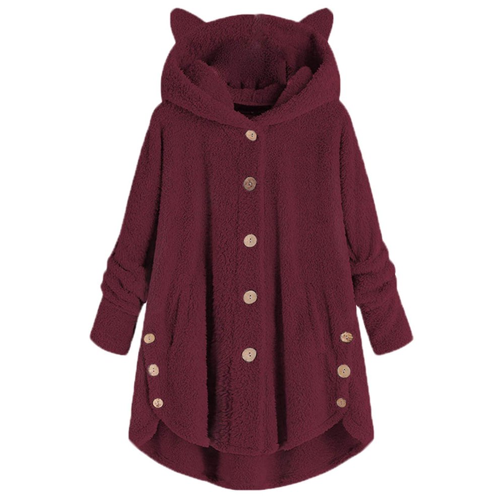 Andongnywell Women's New Hooded Sherpa Outwear Casual Winter Warm Soft Teddy Coat Buttons Hooded Jacket (Wine Red,5X-Large)
