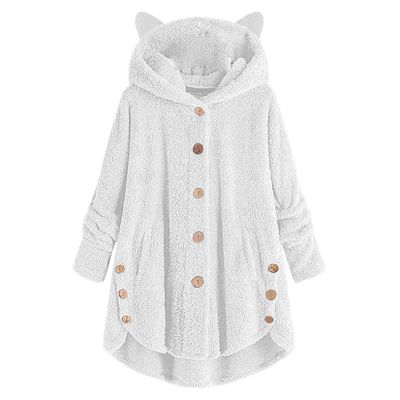 Andongnywell Women's New Hooded Sherpa Outwear Casual Winter Warm Soft Teddy Coat Buttons Hooded Jacket (White,Large)