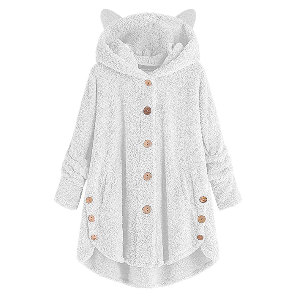 Andongnywell Women's New Hooded Sherpa Outwear Casual Winter Warm Soft Teddy Coat Buttons Hooded Jacket (White,Large)