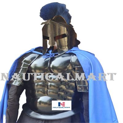 Nautical-Mart Roman Black Antique Muscle Armor Jacket with Shoulder Guard 300 Spartan Helmet, Royal Blue Cape, Gambeson