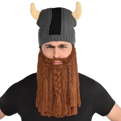 Amscan Viking Hat with Beard (1 Pc.) - One Size - Gray, White & Brown Stretchy Knitted Yarn - Unique Fun Accessory for Parties, Cosplay & More