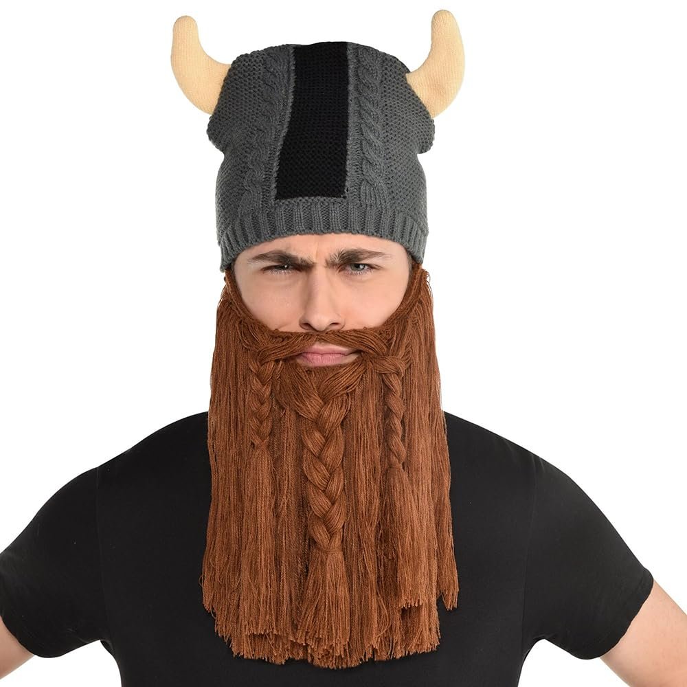 Amscan Viking Hat with Beard (1 Pc.) - One Size - Gray, White & Brown Stretchy Knitted Yarn - Unique Fun Accessory for Parties, Cosplay & More