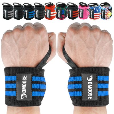 DMoose Weightlifting Wrist wrap 12 and 18 Inches Thumb Loops with Wrist Support for Workouts Powerlifting Wrist Straps for Weight Lifting Men and Women Blue Stripes