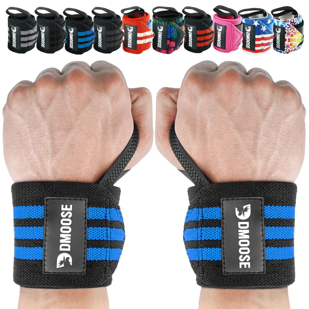 DMoose Weightlifting Wrist wrap 12 and 18 Inches Thumb Loops with Wrist Support for Workouts Powerlifting Wrist Straps for Weight Lifting Men and Women Blue Stripes