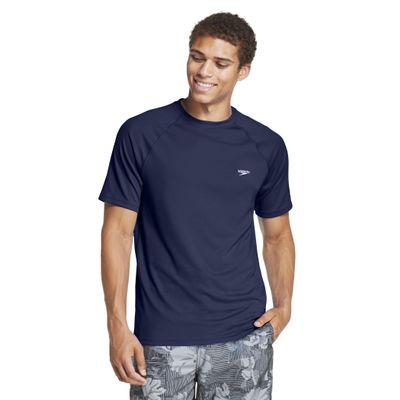 Speedo Men's Uv Swim Shirt Short Sleeve Loose Fit Easy Tee, Peacoat, Uv Swim Shirt Short Sleeve Loose Fit Easy Tee