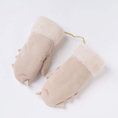Kid's Hanging Neck Gloves Winter Plus Velvet Thick Corduroy Outdoor Warm and Windproof Unicorn Cartoon Cute Pupils 5-8 Years Old (Color : Khaki)