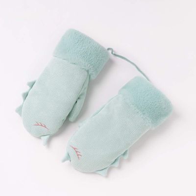 Kid's Hanging Neck Gloves Winter Plus Velvet Thick Corduroy Outdoor Warm and Windproof Unicorn Cartoon Cute Pupils 5-8 Years Old (Color : Green)